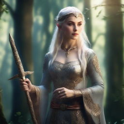 A noble elven woman dressed in elegant, regal clothing, holding daggers in her hands