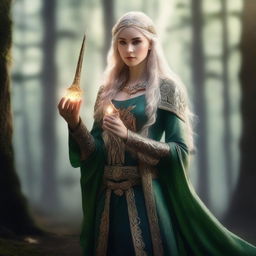 A noble elven woman dressed in elegant, regal clothing, holding daggers in her hands