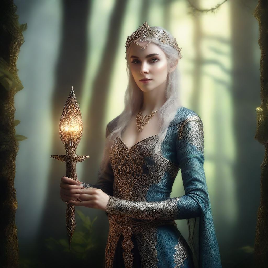 A noble elven woman dressed in elegant, regal clothing, holding daggers in her hands