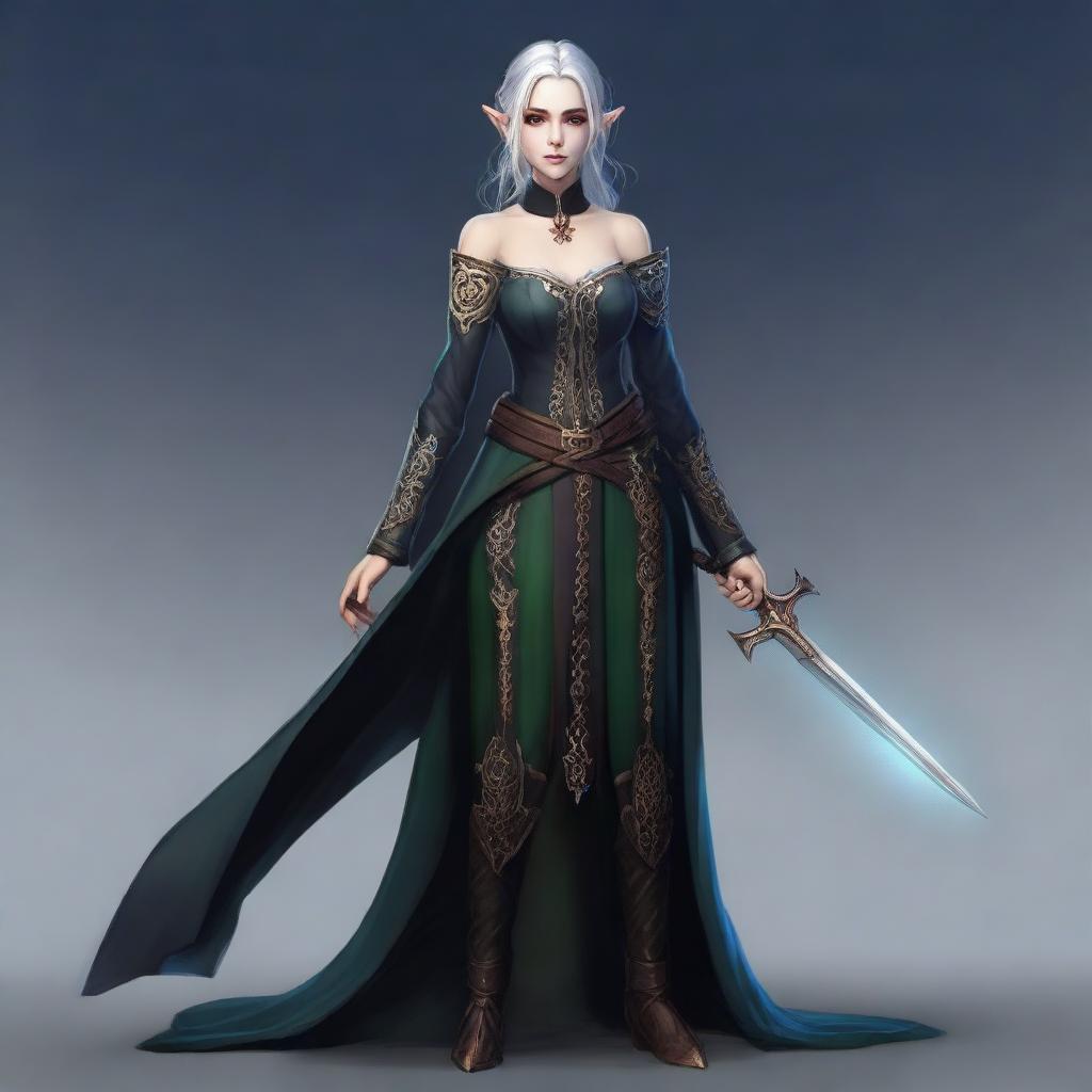 A full-body image of a female elf holding daggers in her hands