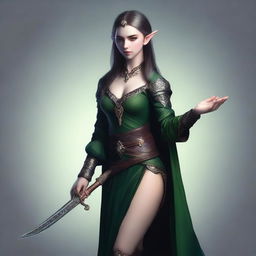 A full-body image of a female elf holding daggers in her hands