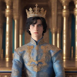 A young king with black hair and blue eyes, dressed in regal attire, standing in a majestic throne room