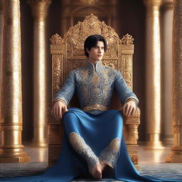 A young king with black hair and blue eyes, dressed in regal attire, standing in a majestic throne room