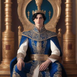 A young king with black hair and blue eyes, dressed in regal attire, standing in a majestic throne room