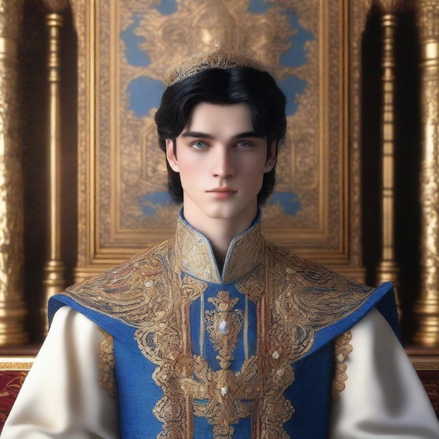 A young king with black hair and blue eyes, dressed in regal attire, standing in a majestic throne room