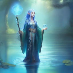 A serene water elf cleric standing by a mystical lake, holding a glowing staff