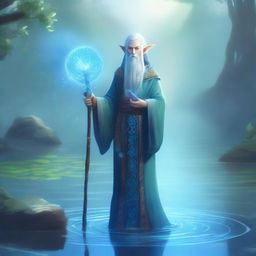 A serene water elf cleric standing by a mystical lake, holding a glowing staff