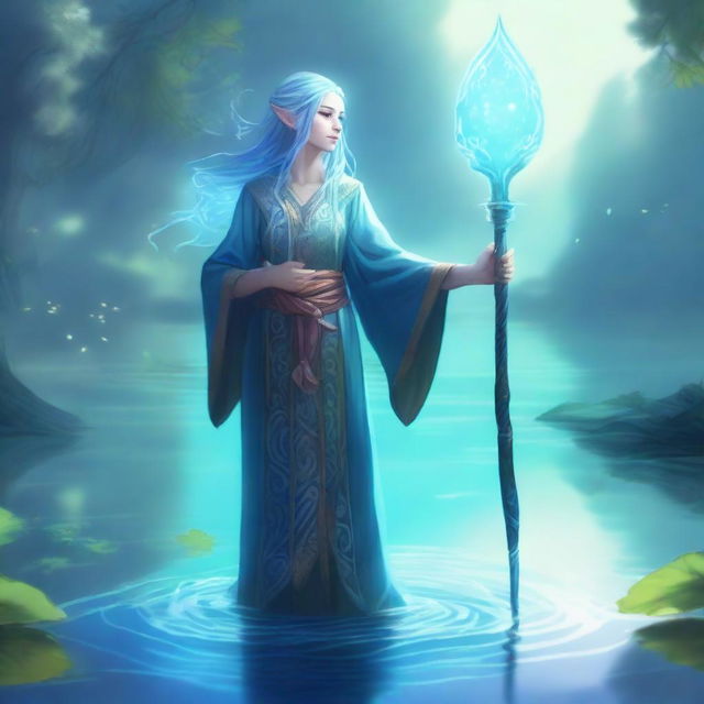 A serene water elf cleric standing by a mystical lake, holding a glowing staff