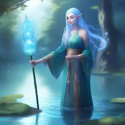 A serene water elf cleric standing by a mystical lake, holding a glowing staff