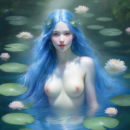 A hyper-realistic depiction of a water nymph emerging from a crystal-clear lake