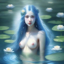 A hyper-realistic depiction of a water nymph emerging from a crystal-clear lake