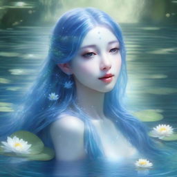 A hyper-realistic depiction of a water nymph emerging from a crystal-clear lake