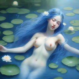 A hyper-realistic depiction of a water nymph emerging from a crystal-clear lake