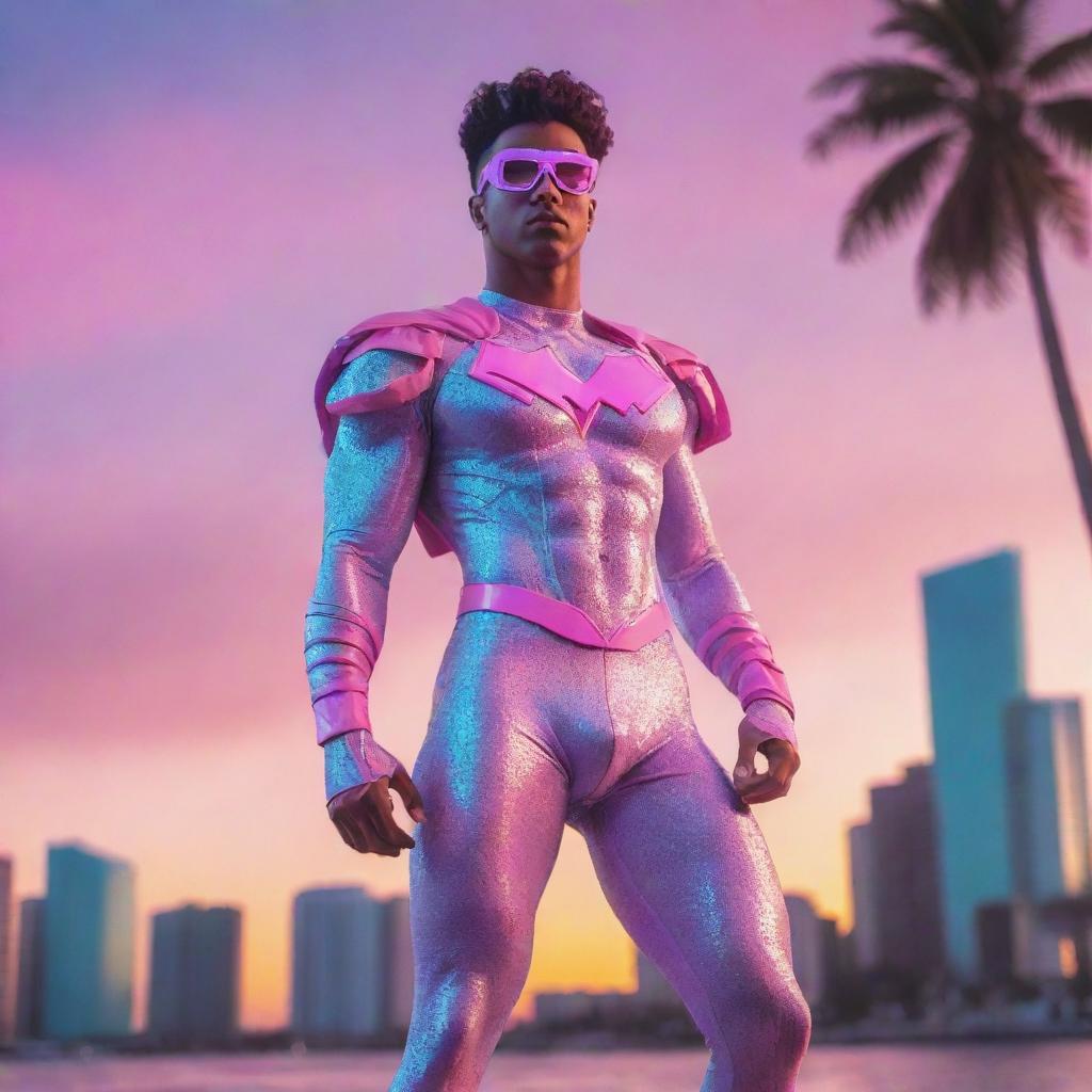 Vaporwave-inspired superhero, adorned in pastel neon colors, with glitch art elements, posing dramatically against a surreal Miami-style sunset backdrop.