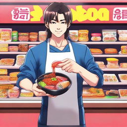 Create a YouTube thumbnail featuring the streamer Reborn Live shopping for Japanese food products in a Japanese supermarket