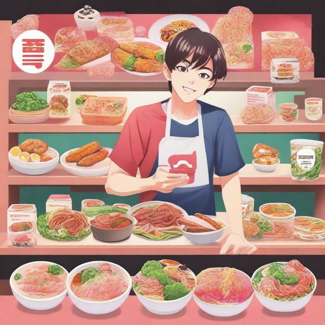 Create a YouTube thumbnail featuring the streamer Reborn Live shopping for Japanese food products in a Japanese supermarket