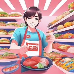 Create a YouTube thumbnail featuring the streamer Reborn Live shopping for Japanese food products in a Japanese supermarket