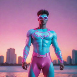 Vaporwave-inspired superhero, adorned in pastel neon colors, with glitch art elements, posing dramatically against a surreal Miami-style sunset backdrop.