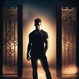 A sexy athletic young man standing confidently in front of a gate with glowing eyes