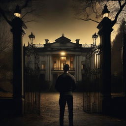 A sexy athletic young man stands in front of the gates to a dark, ominous mansion