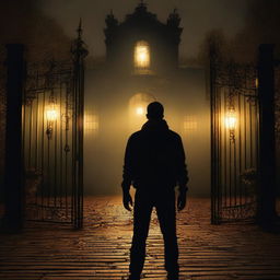 A sexy athletic young man stands in front of the gates to a dark, ominous mansion