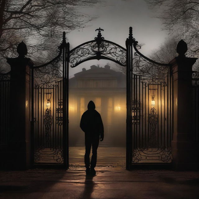 A sexy athletic young man stands in front of the gates to a dark, ominous mansion