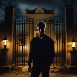 A sexy athletic young man stands in front of the gates to a dark, ominous mansion