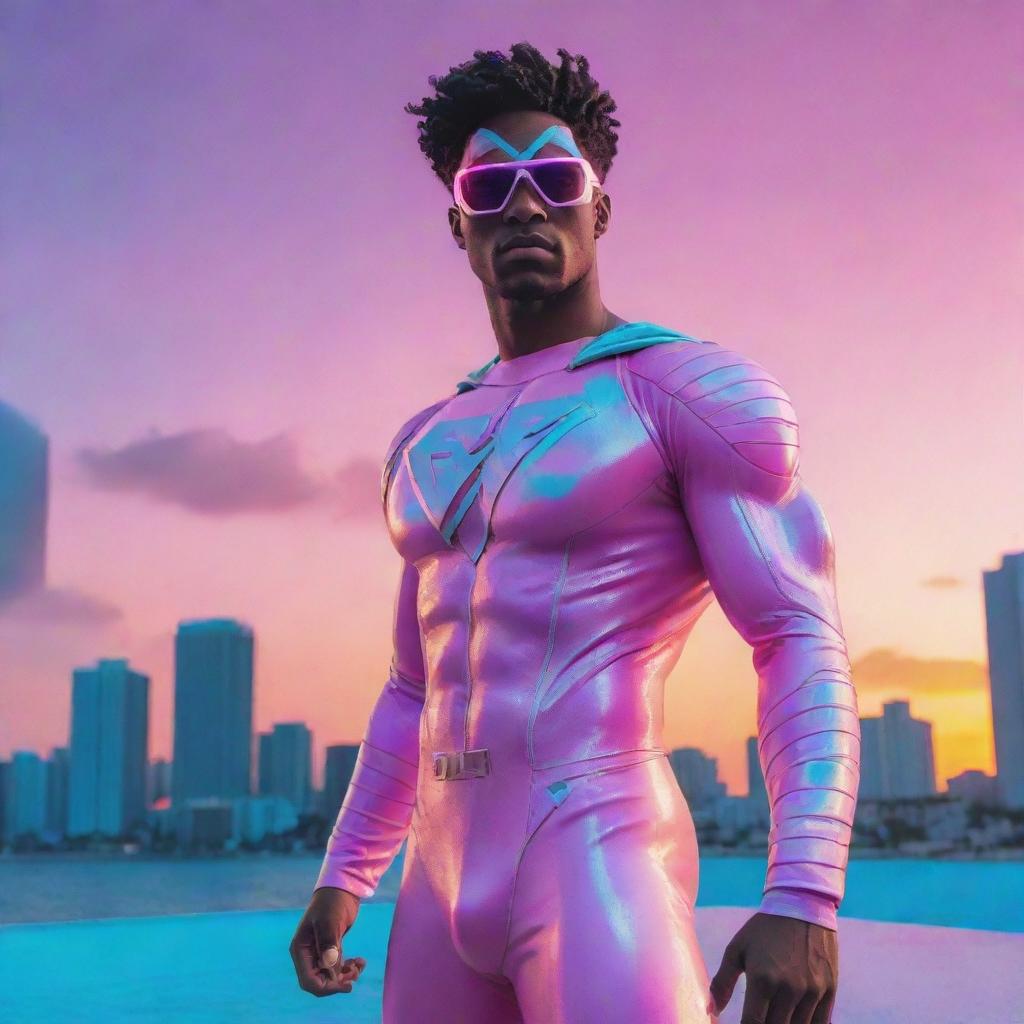 Vaporwave-inspired superhero, adorned in pastel neon colors, with glitch art elements, posing dramatically against a surreal Miami-style sunset backdrop.