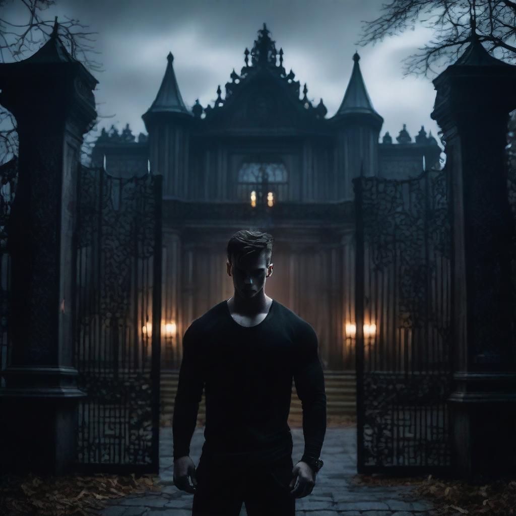 A sexy athletic young man with glowing eyes stands in front of the gates to a dark, gothic mansion