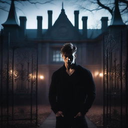 A sexy athletic young man with glowing eyes stands in front of the gates to a dark, gothic mansion