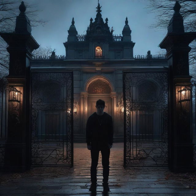 A sexy athletic young man with glowing eyes stands in front of the gates to a dark, gothic mansion