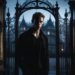 A sexy athletic young man with glowing eyes stands in front of the gates to a dark, gothic mansion