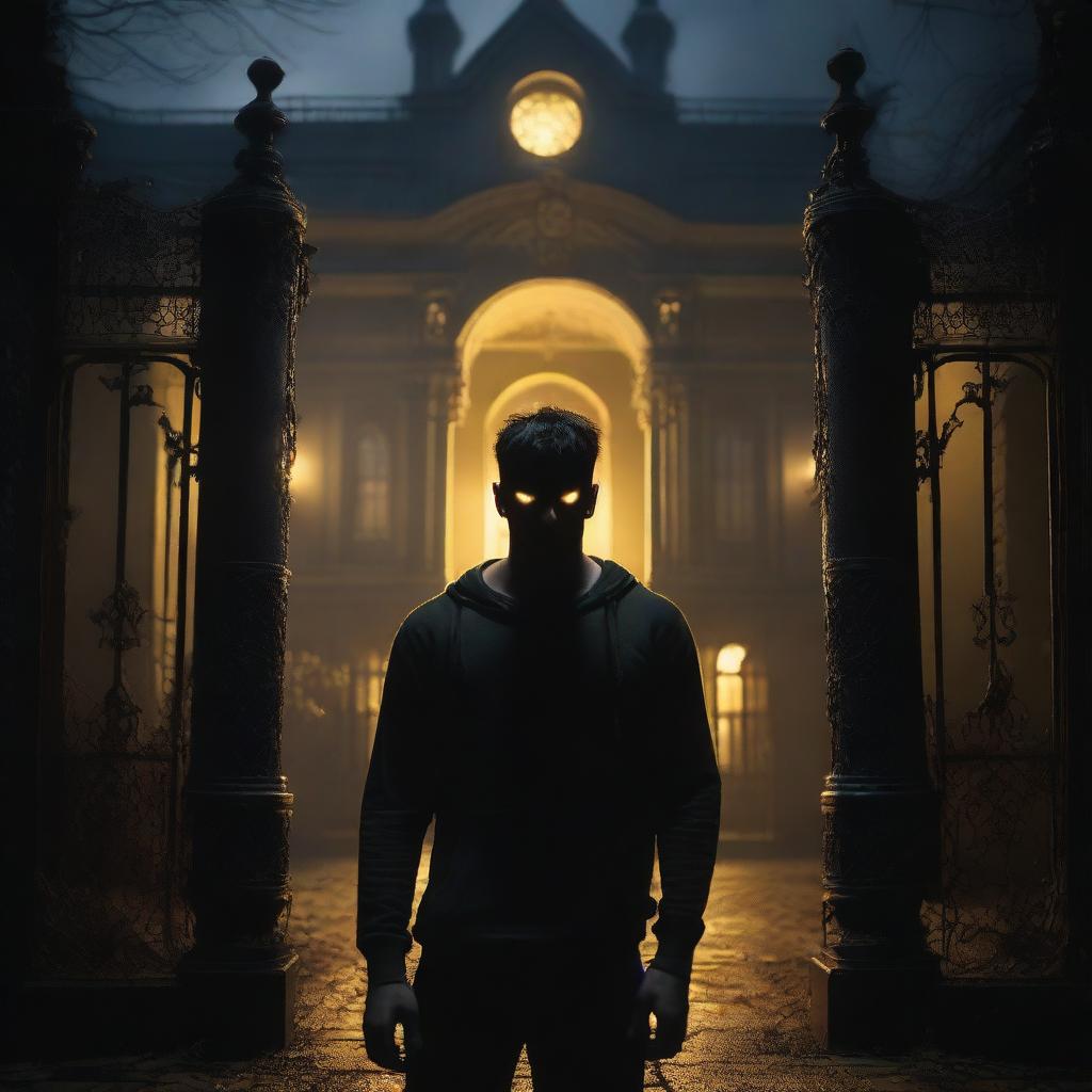 A sexy athletic young man with glowing yellow eyes stands in front of the gates of a dark, gothic mansion