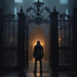 A sexy athletic young man with glowing yellow eyes stands in front of the gates of a dark, gothic mansion