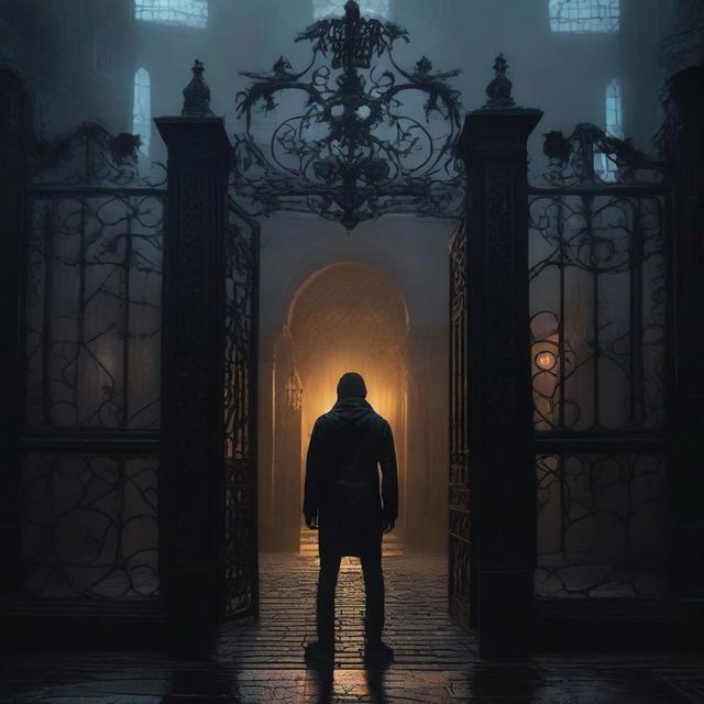 A sexy athletic young man with glowing yellow eyes stands in front of the gates of a dark, gothic mansion