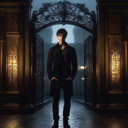 A sexy athletic young man with glowing yellow eyes stands in front of the gates of a dark, gothic mansion