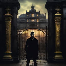 A sexy athletic young man with glowing yellow eyes stands in front of the gates of a dark, gothic mansion