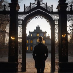 A sexy athletic young man with glowing yellow eyes stands in front of the gates of a dark, gothic mansion in the early morning