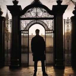 A sexy athletic young man with glowing yellow eyes stands in front of the gates of a dark, gothic mansion in the early morning