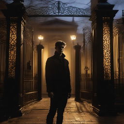 A sexy athletic young man with glowing yellow eyes stands in front of the gates of a dark, gothic mansion in the early morning