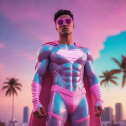 Vaporwave-inspired superhero, adorned in pastel neon colors, with glitch art elements, posing dramatically against a surreal Miami-style sunset backdrop.