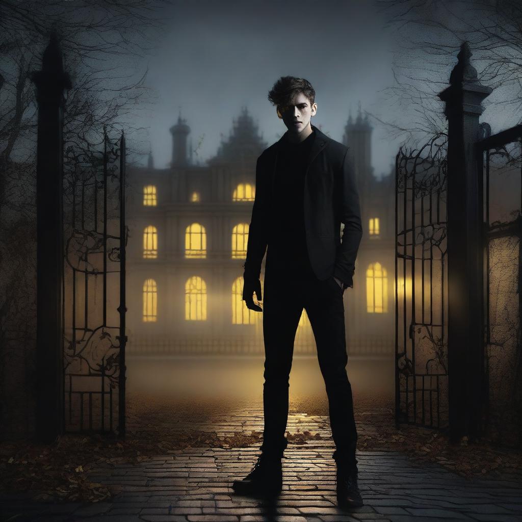 A sexy athletic young man with creepy glowing yellow eyes stands in front of gates leading to a dark gothic mansion