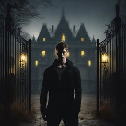 A sexy athletic young man with creepy glowing yellow eyes stands in front of gates leading to a dark gothic mansion