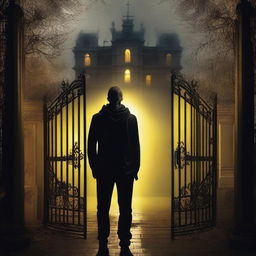 A sexy athletic young man with creepy glowing yellow eyes stands in front of gates leading to a dark gothic mansion