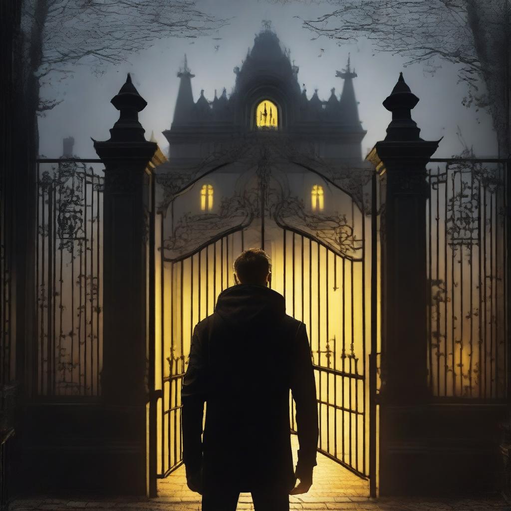 A sexy athletic young man with creepy glowing yellow eyes stands in front of gates leading to a dark gothic mansion