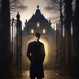 A sexy athletic young man with glowing yellow eyes stands in front of gates leading to a dark gothic mansion