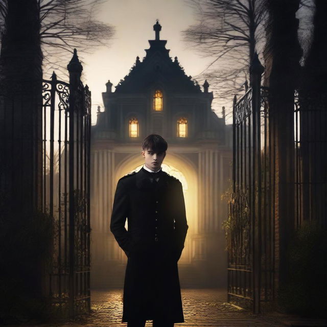 A sexy athletic young man with glowing yellow eyes stands in front of gates leading to a dark gothic mansion