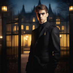 A sexy athletic young man with glowing yellow eyes stands in front of gates leading to a dark gothic mansion