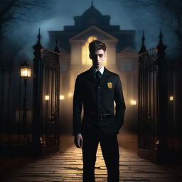 A sexy athletic young man with glowing yellow eyes stands in front of gates leading to a dark gothic mansion