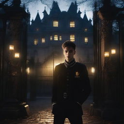 A sexy athletic young man with glowing yellow eyes stands in front of gates leading to a dark gothic mansion